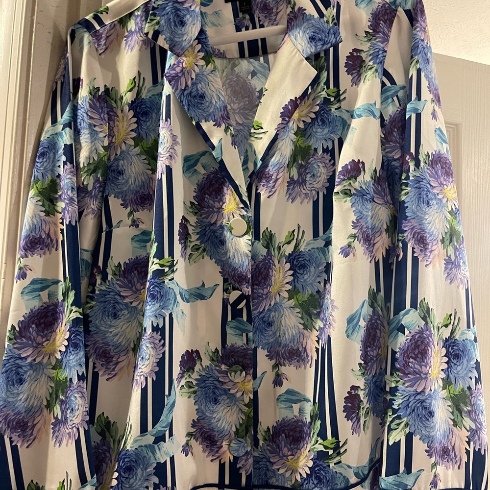J. Crew Blue and Purple Floral pajama style blouse